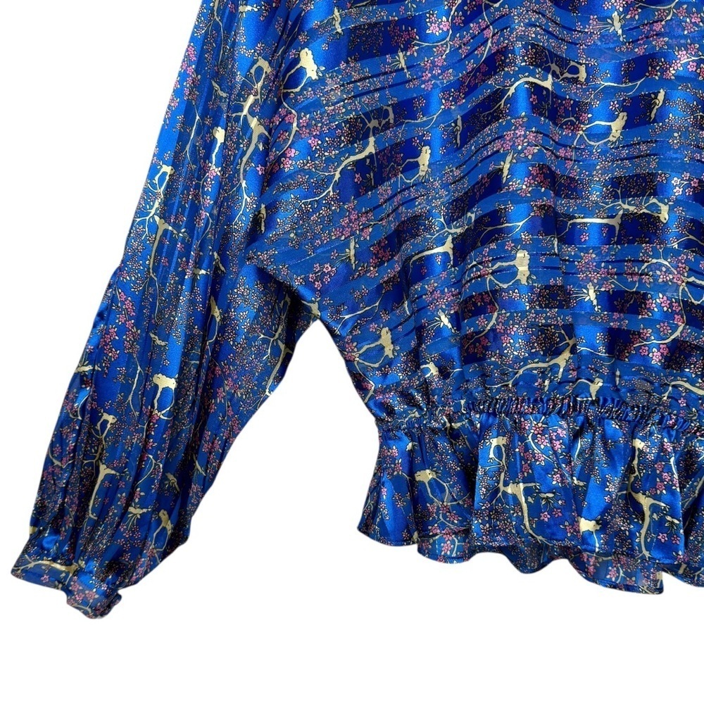 Free People Blue Floral Metallic Boho Festival Top Dolman Sleeved Blouse Sz M - Picture 7 of 13